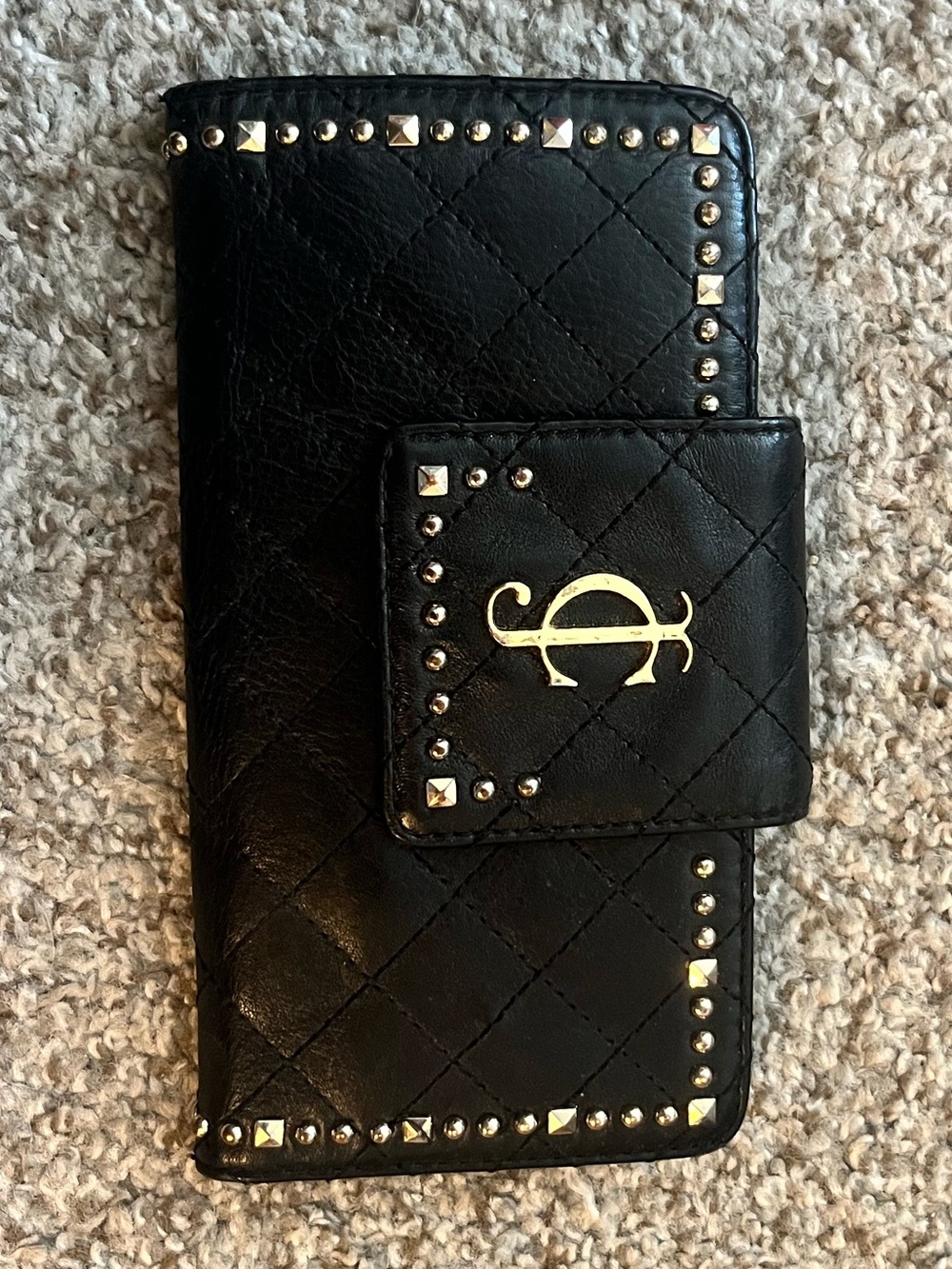 Juicy Couture Black Quilted Studded Wallet Phone Case with Gold Emblem